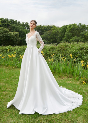 Long Sleeves Ivory Lace Satin Fairytale Wedding Dress